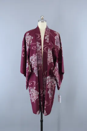 1940s Vintage Silk Haori Kimono Jacket Cardigan / Purple Floral Omeshi Embroidery