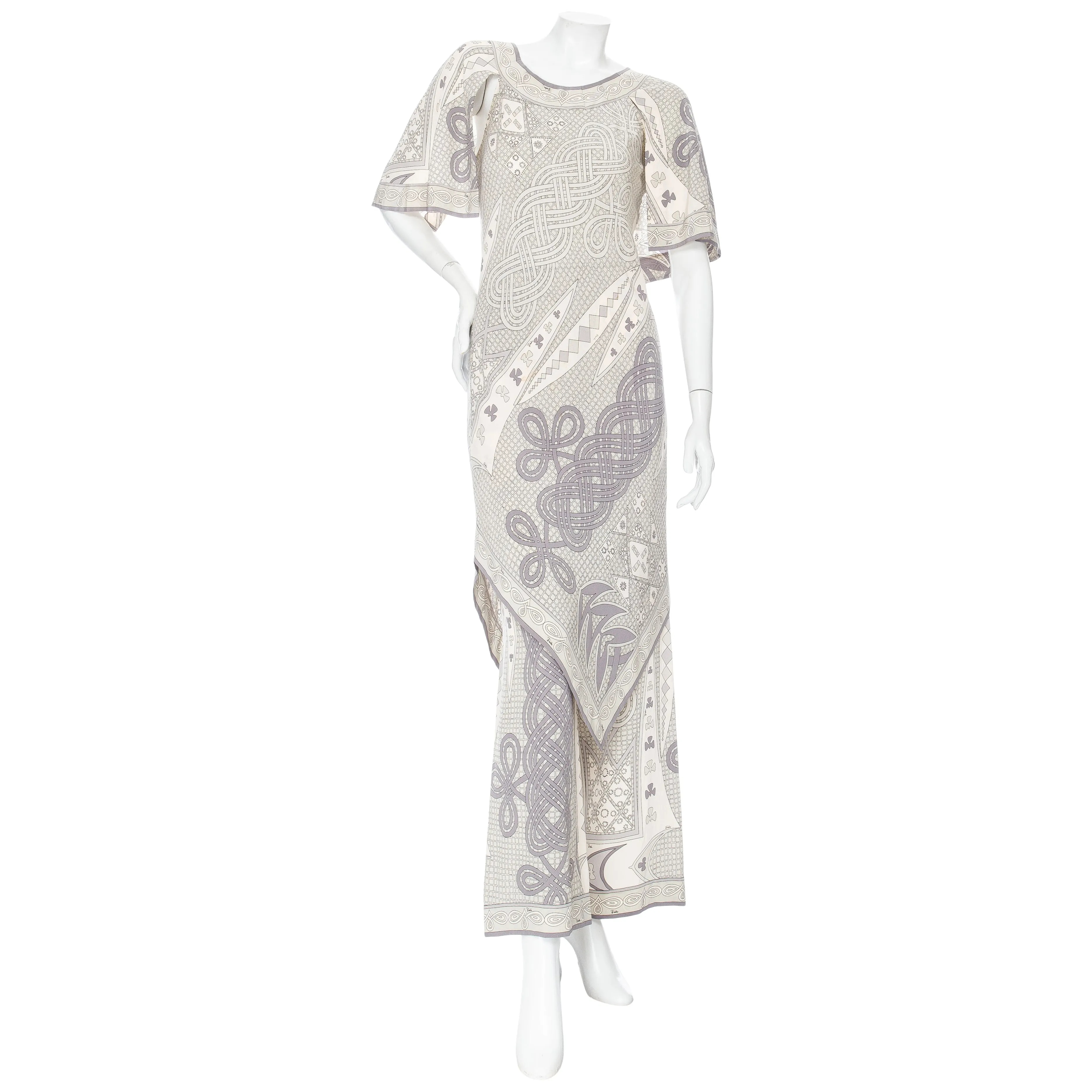 1960s Gray and White Silk Printed Two-Piece Dress and Pants Set