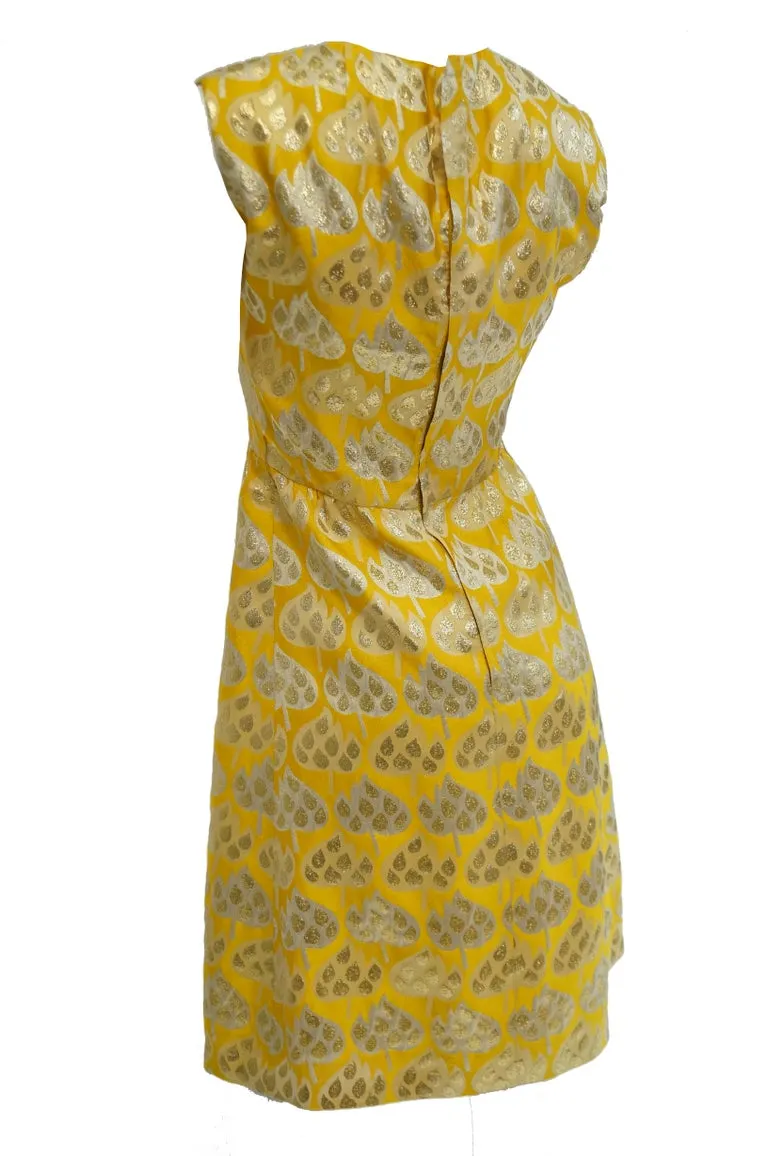 1960s Mollie Parnis Gold and Yellow Leaf Print Cocktail Dress