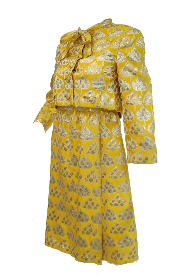 1960s Mollie Parnis Gold and Yellow Leaf Print Cocktail Dress