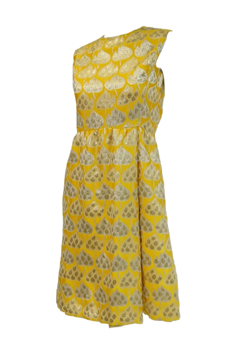 1960s Mollie Parnis Gold and Yellow Leaf Print Cocktail Dress