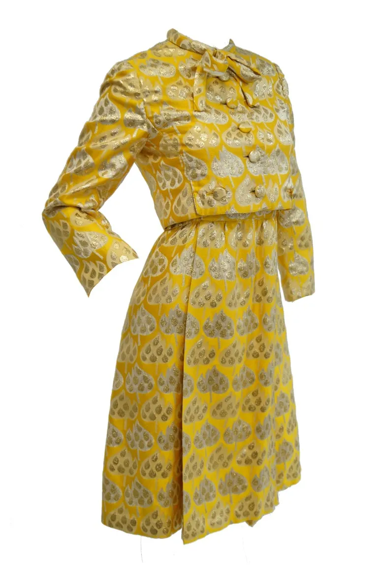 1960s Mollie Parnis Gold and Yellow Leaf Print Cocktail Dress