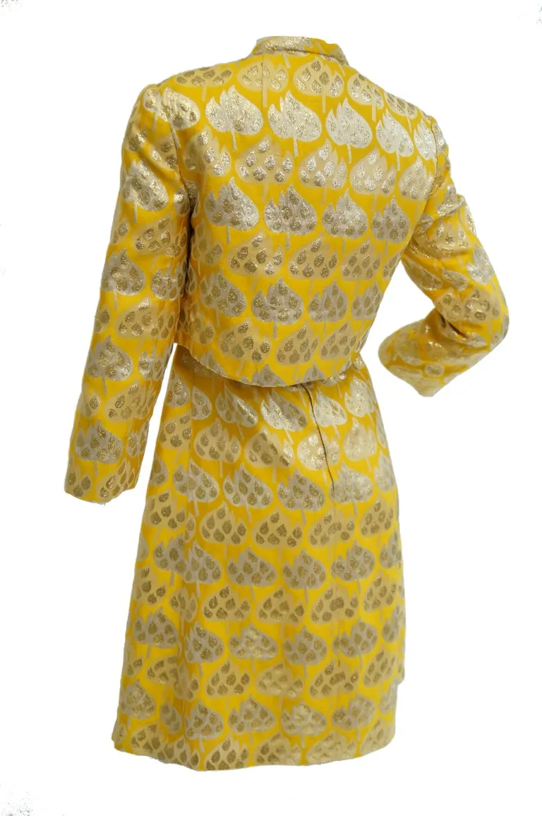 1960s Mollie Parnis Gold and Yellow Leaf Print Cocktail Dress