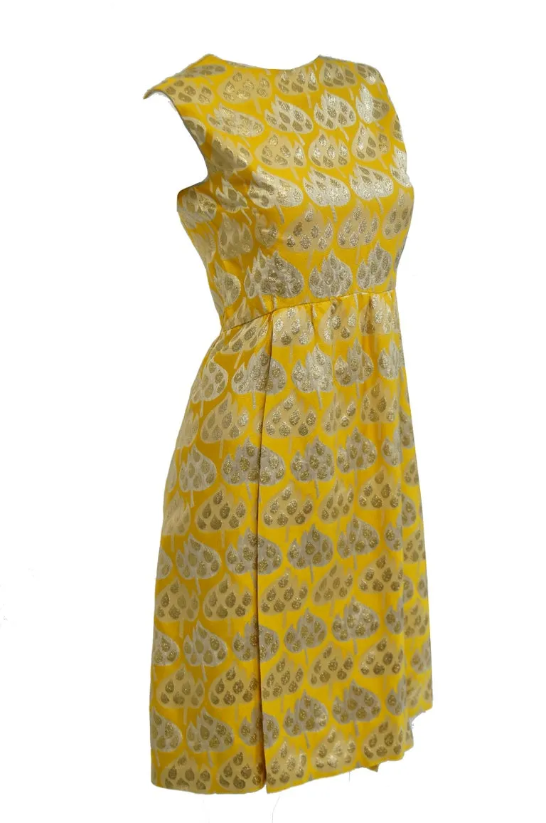 1960s Mollie Parnis Gold and Yellow Leaf Print Cocktail Dress