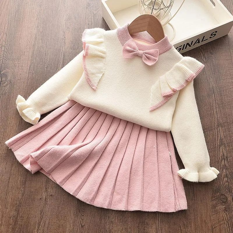 2-piece Solid Bow Decor Sweater & Skirt for Toddler Girl Children's Clothing