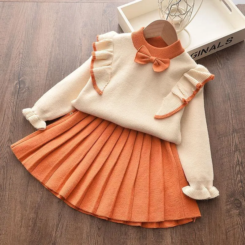 2-piece Solid Bow Decor Sweater & Skirt for Toddler Girl Children's Clothing