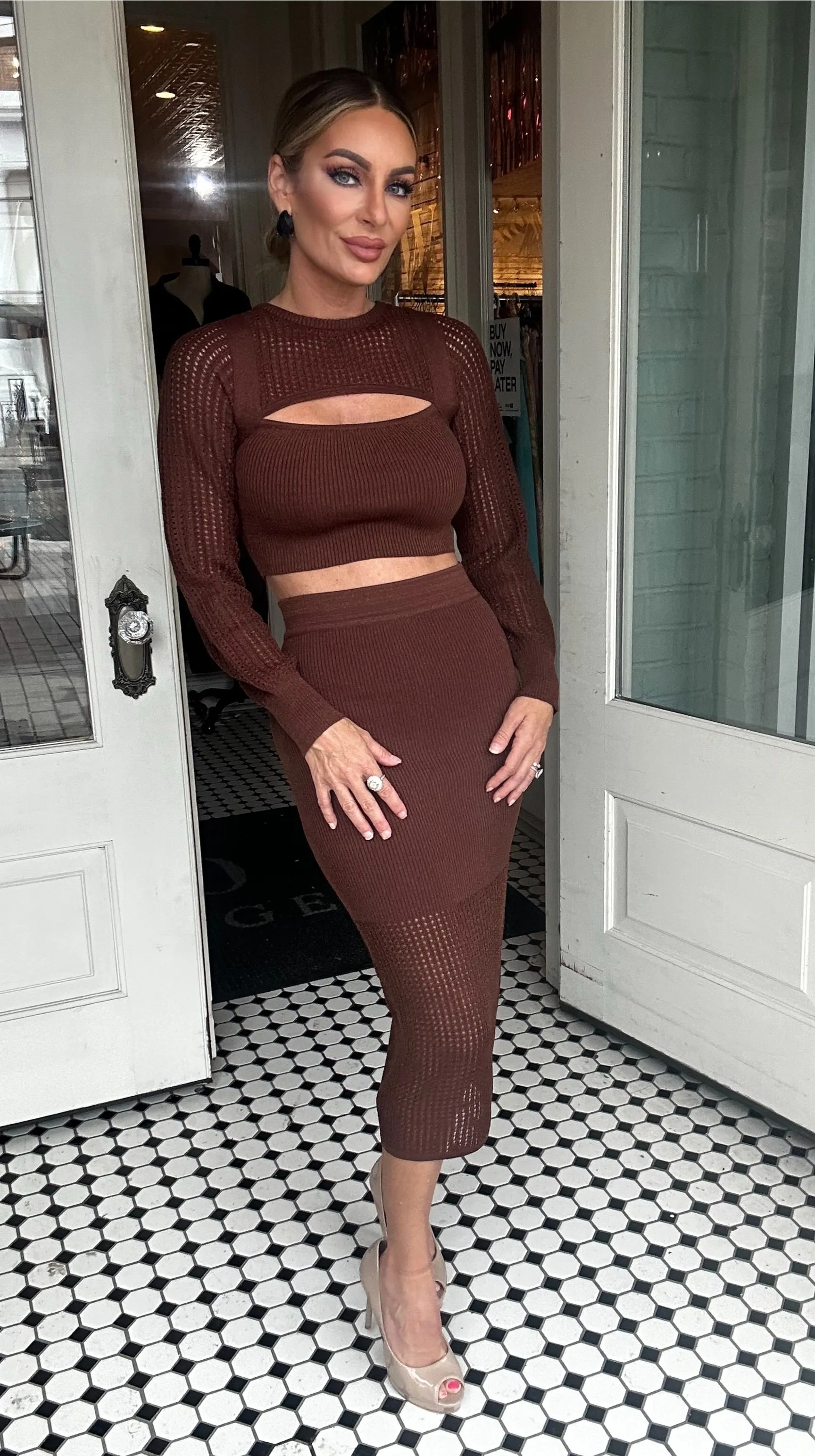 Alondra Open Knit Metallic Sweater Crop Top