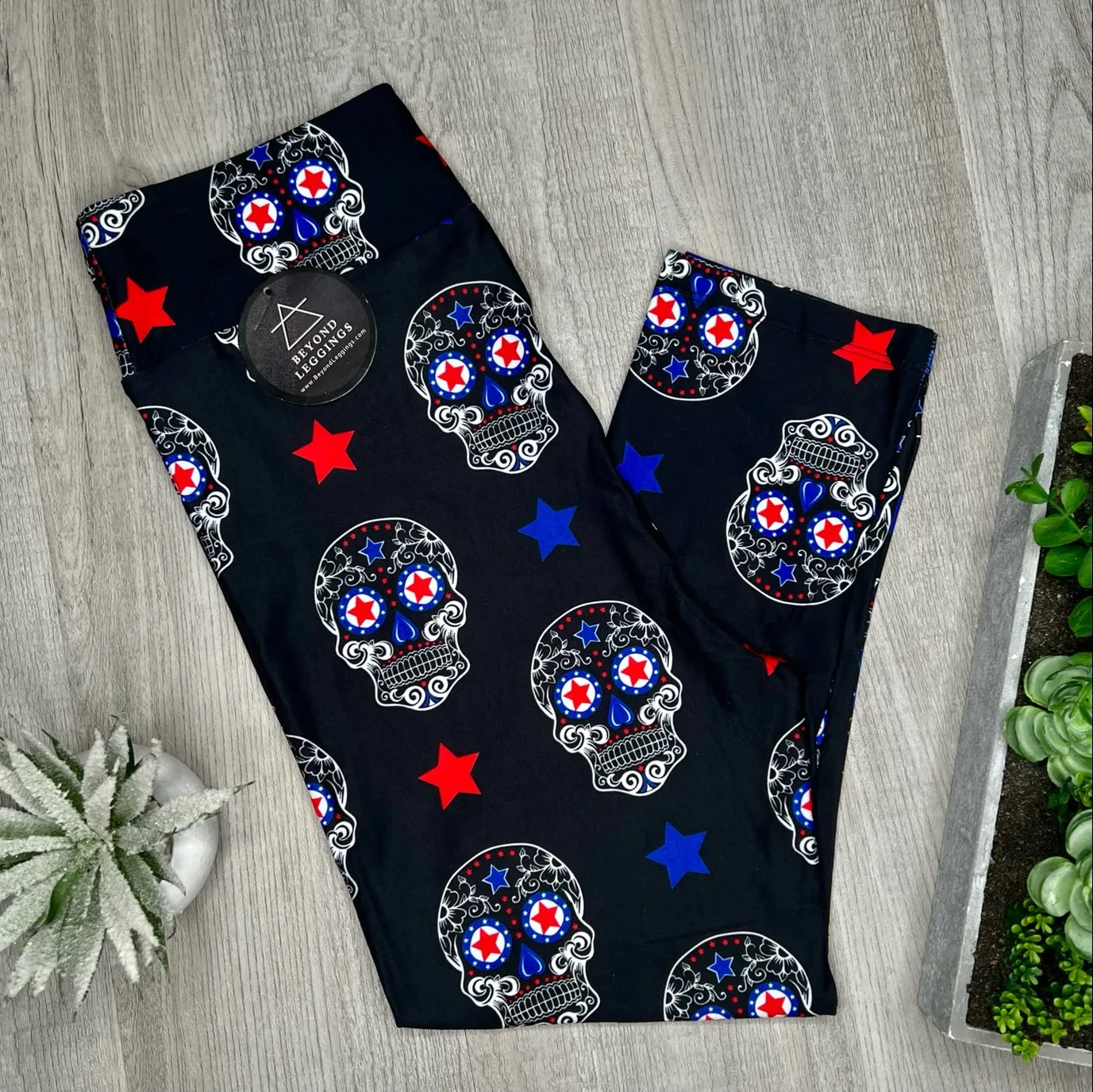 Americana Inspired Capri Leggings - Patriotic Sugar Skull Star Print - Comfortable and Stylish Mid-Calf Legwear