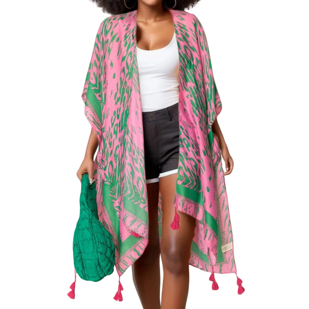 Animal Print Kimono - Pink and Green