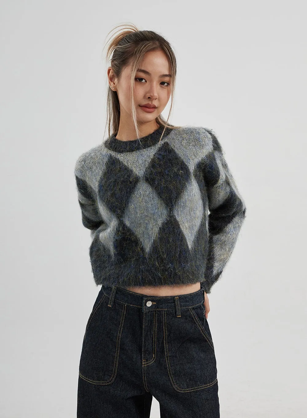 Argyle Pattern Cropped Sweater CJ313