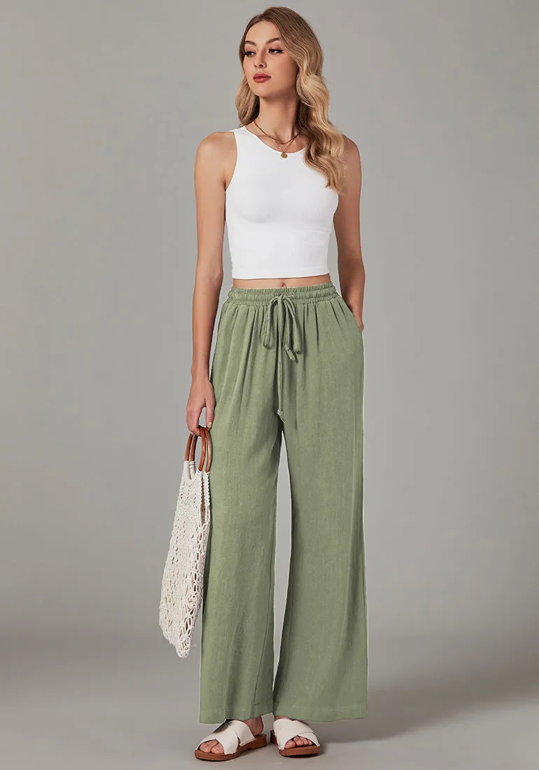 Army Green Relaxed Fit High Waisted Elastic Waist Wide Leg Drawstring Pocket Pant