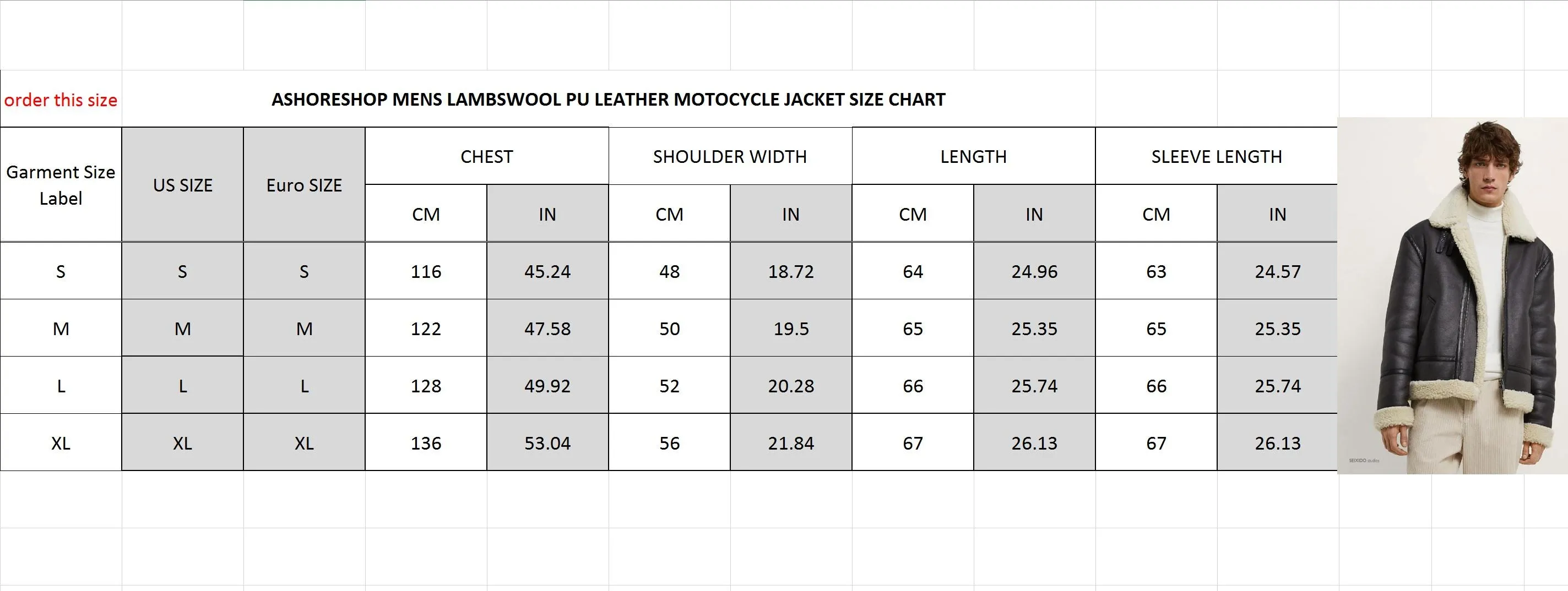 Ashoreshop men's lapel lamb wool PU Leather motorcycle jacket