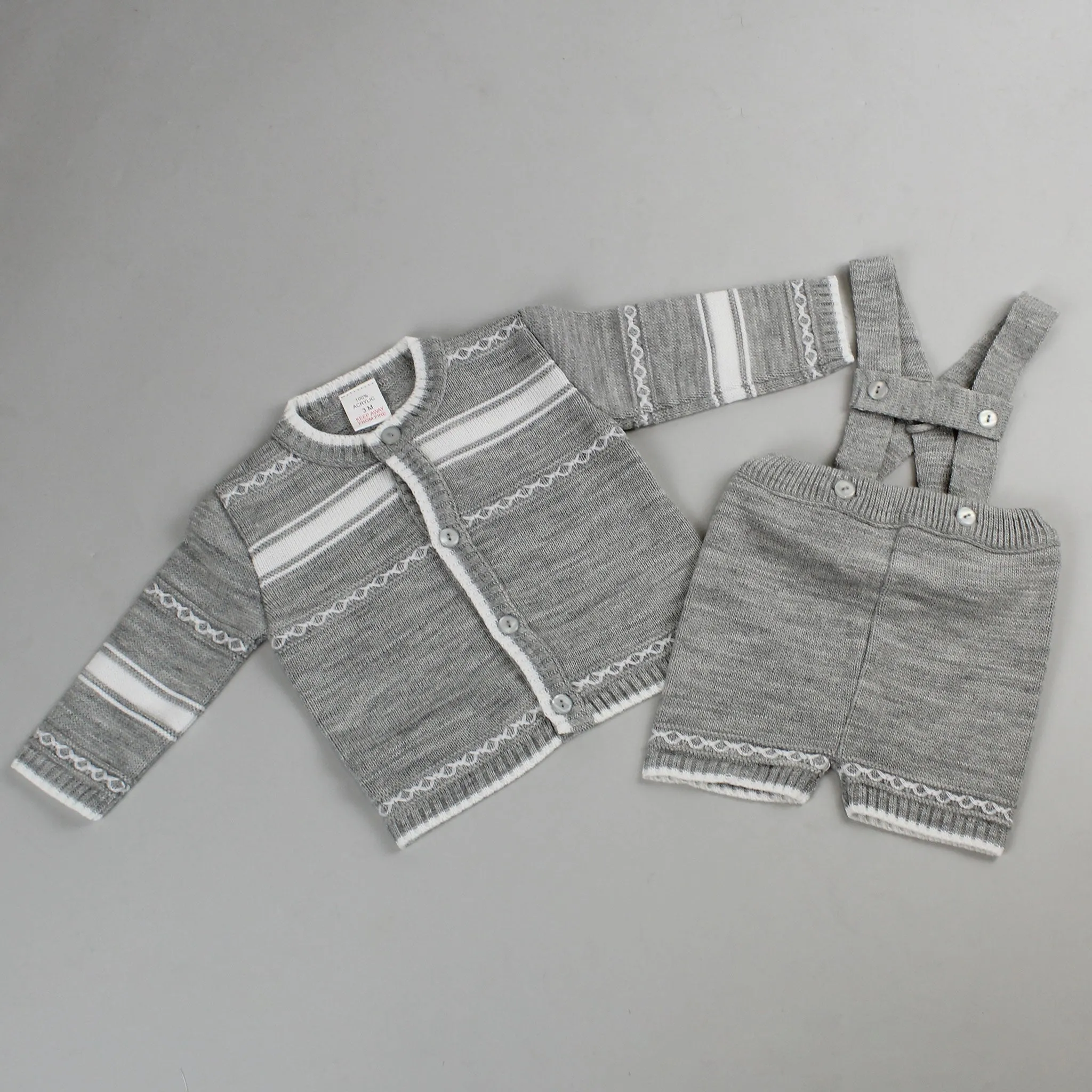 Baby Boys Knitted Outfit with Braces and Cardigan - Grey