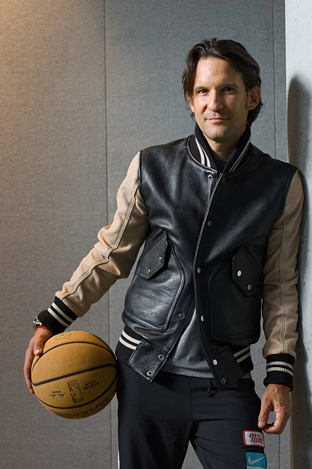 BASKETBALL 1891 Leather & Perforated Lambskin Varsity Jacket - Black & Tan