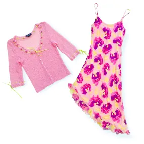 Betsey Johnson S/S 2001 silk dress & matching knit cardi ( set )