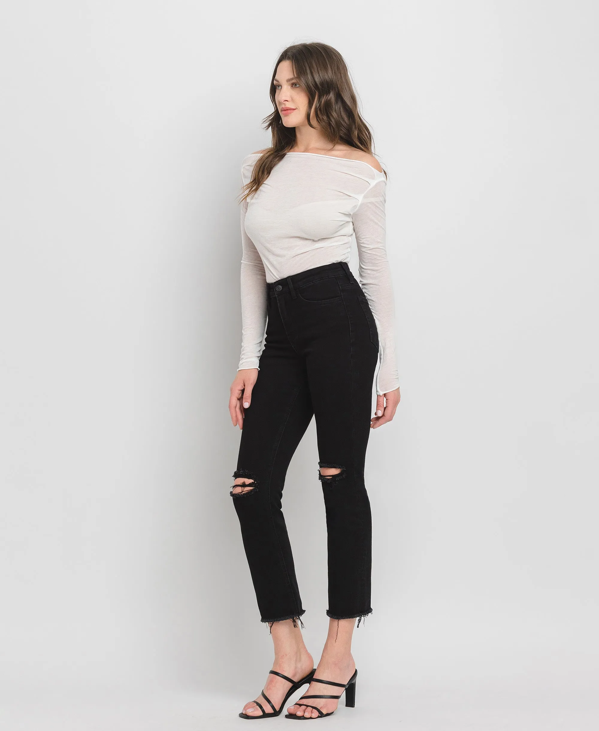 Black - High Rise Raw Hem Crop Straight Jeans