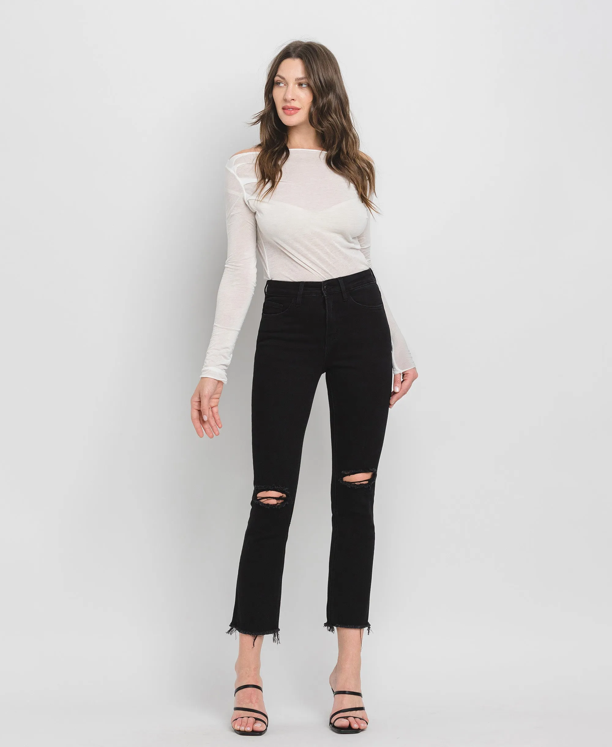 Black - High Rise Raw Hem Crop Straight Jeans