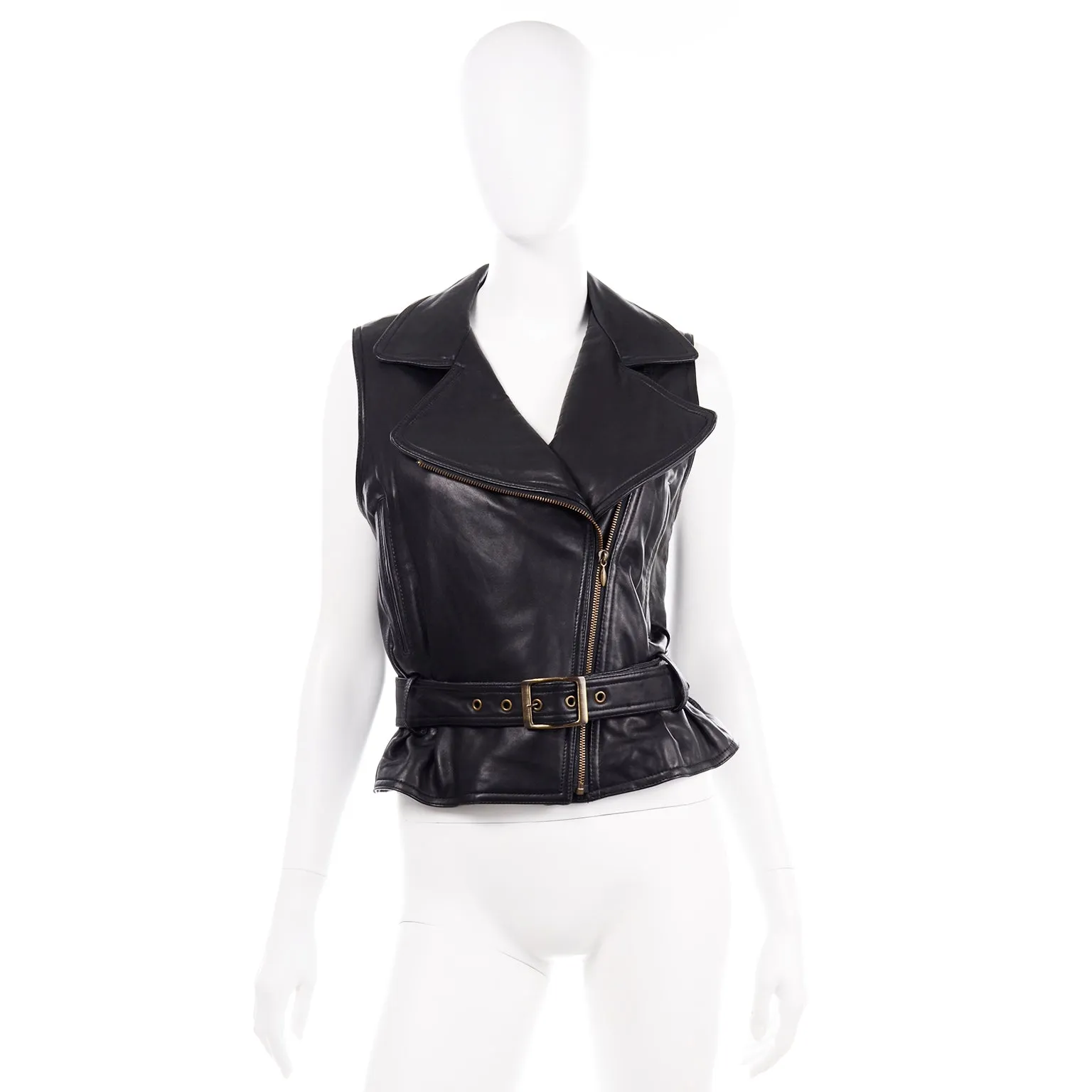 Black Leather Sleeveless Leather Motorcycle Jacket Vest With Belt