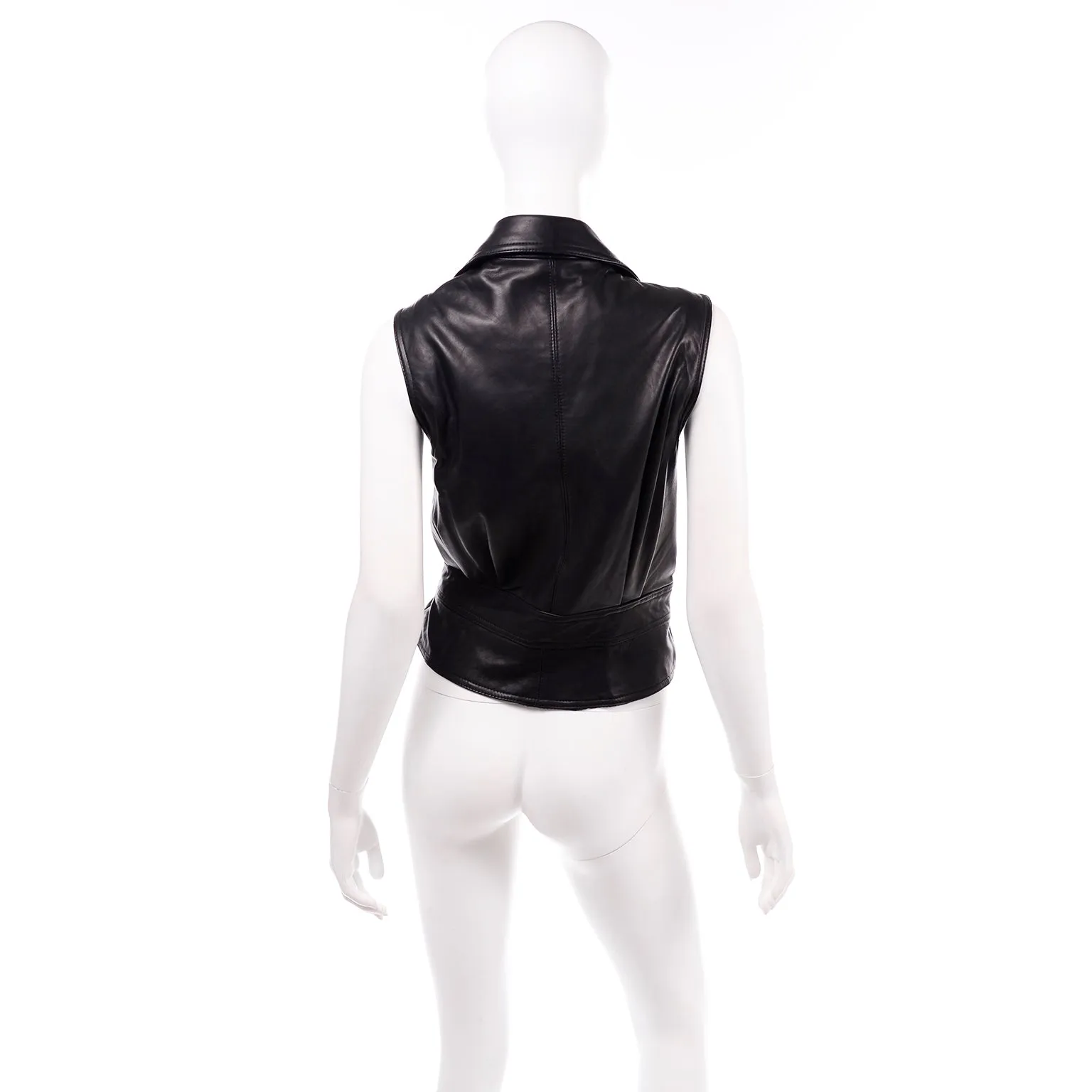 Black Leather Sleeveless Leather Motorcycle Jacket Vest With Belt