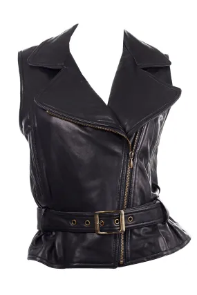 Black Leather Sleeveless Leather Motorcycle Jacket Vest With Belt