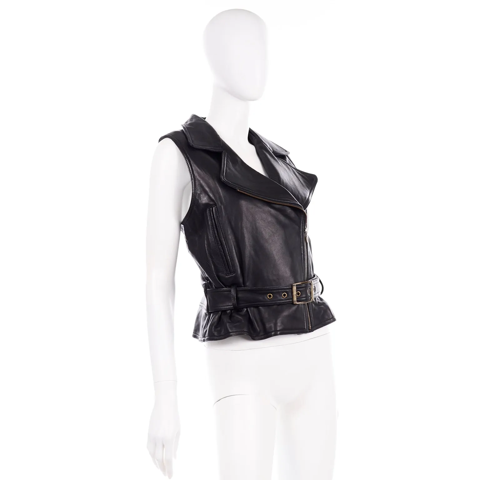 Black Leather Sleeveless Leather Motorcycle Jacket Vest With Belt