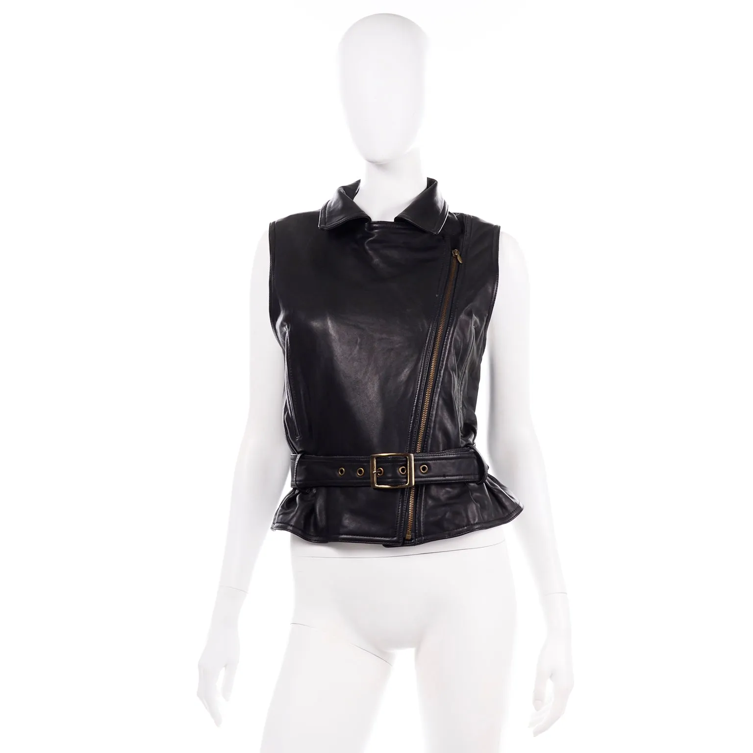 Black Leather Sleeveless Leather Motorcycle Jacket Vest With Belt