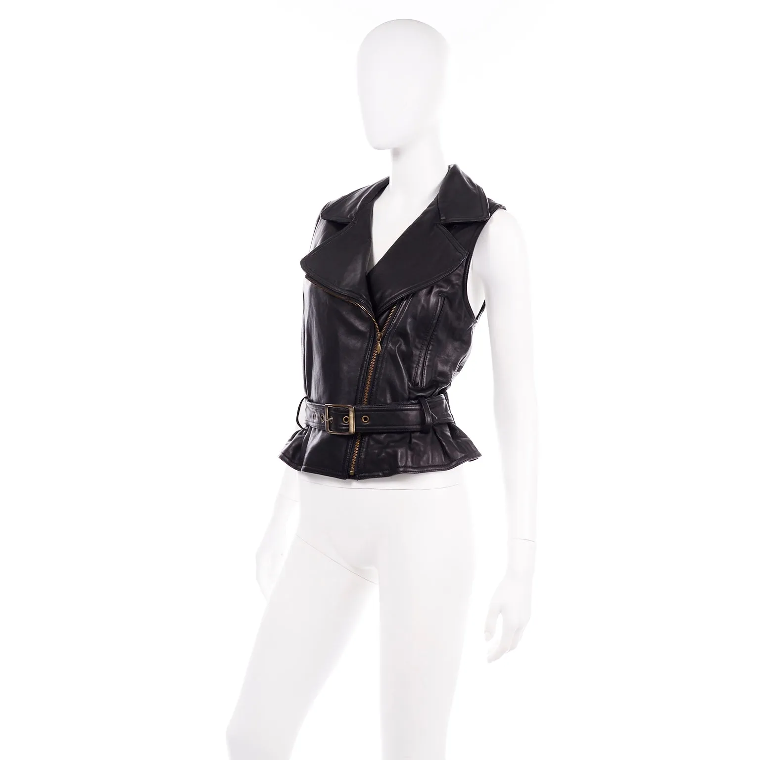 Black Leather Sleeveless Leather Motorcycle Jacket Vest With Belt