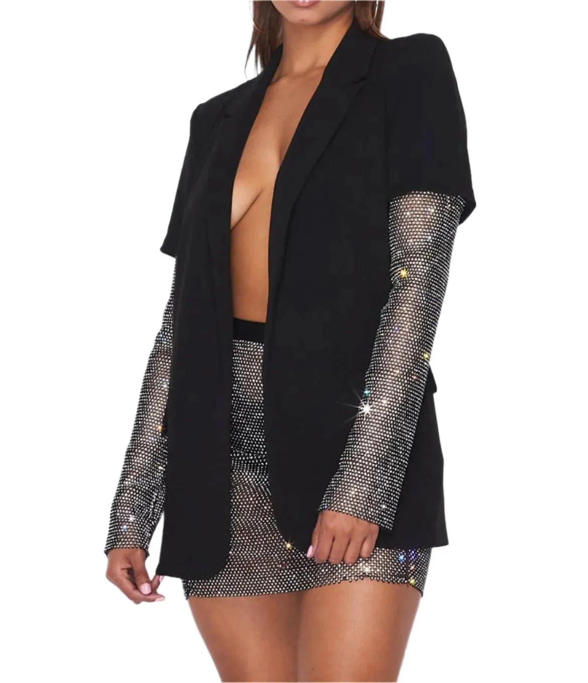 Black Rhinestone Sleeve Detailed Blazer