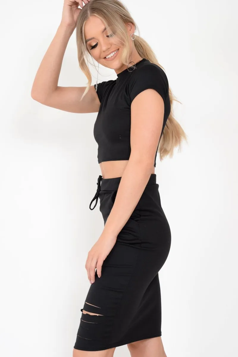 Black Rip Crop Top Midi Skirt Co-Ord - Jahlia