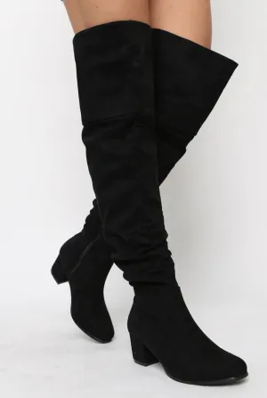 Black Suede Split Back Heeled Knee High Boots - Reyna