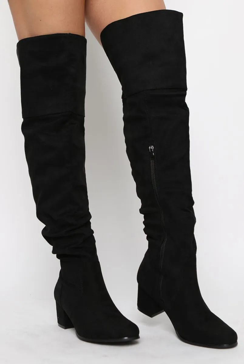 Black Suede Split Back Heeled Knee High Boots - Reyna