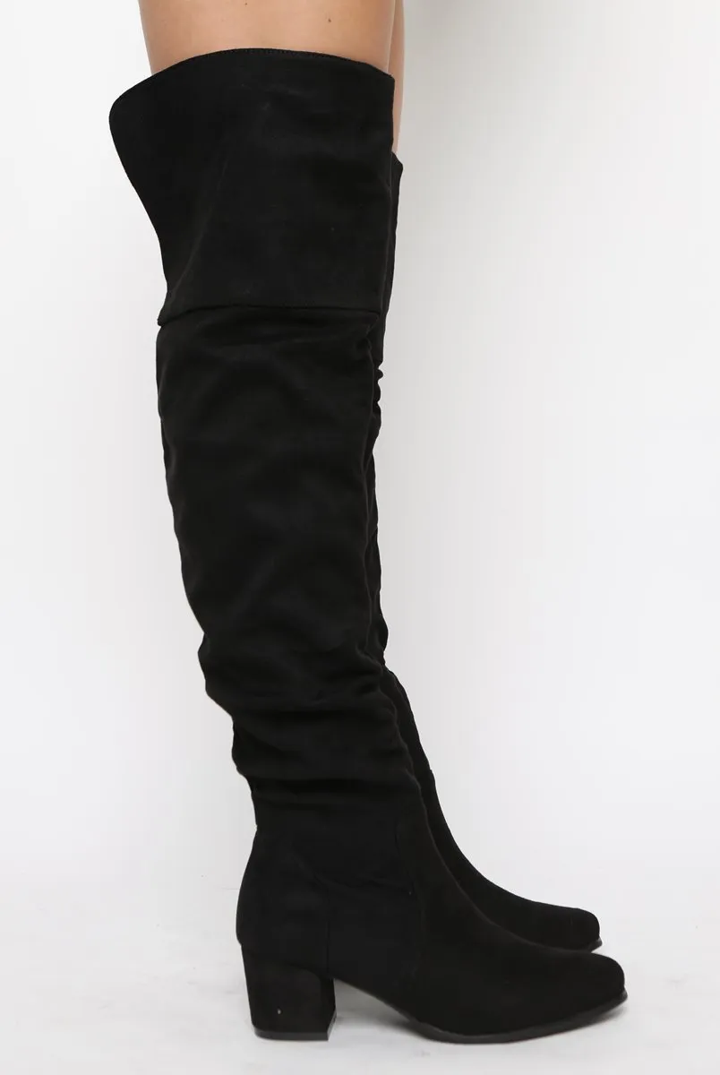 Black Suede Split Back Heeled Knee High Boots - Reyna