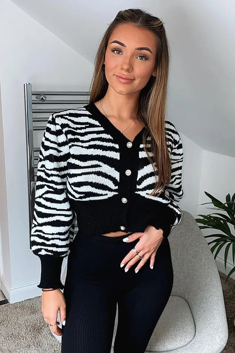 Black Zebra Print Knit Cardigan - Dazie