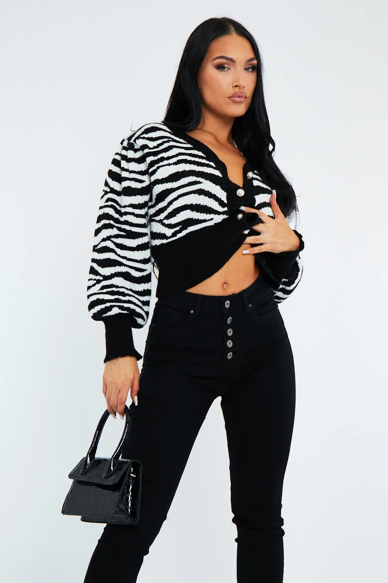 Black Zebra Print Knit Cardigan - Dazie