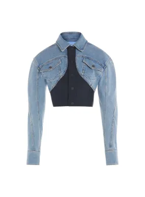 blue cropped bi-material jacket