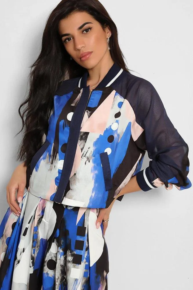 Blue Tones Abstract Print Cropped Jacket