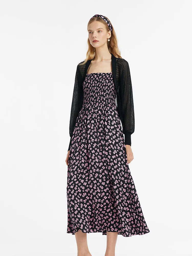 Bowknot Print Spaghetti Strap Maxi Dress And Knitted Cardigan Two-Piece Set With Scrunchie