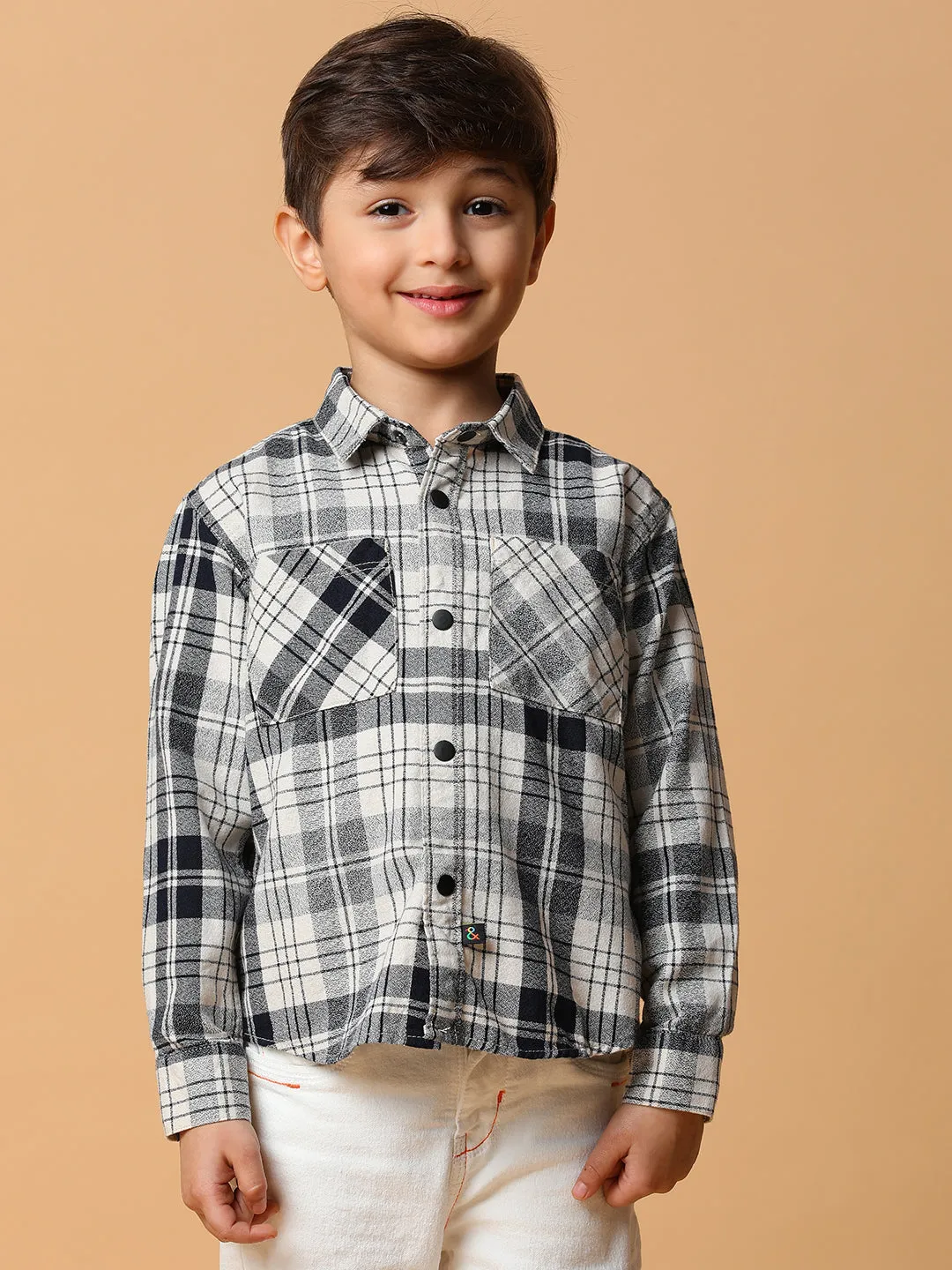 Boys Black & Cream Checkered Shacket