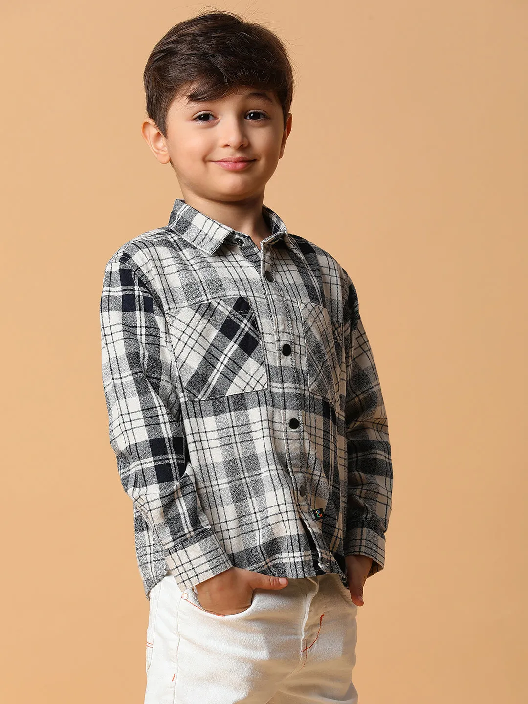 Boys Black & Cream Checkered Shacket