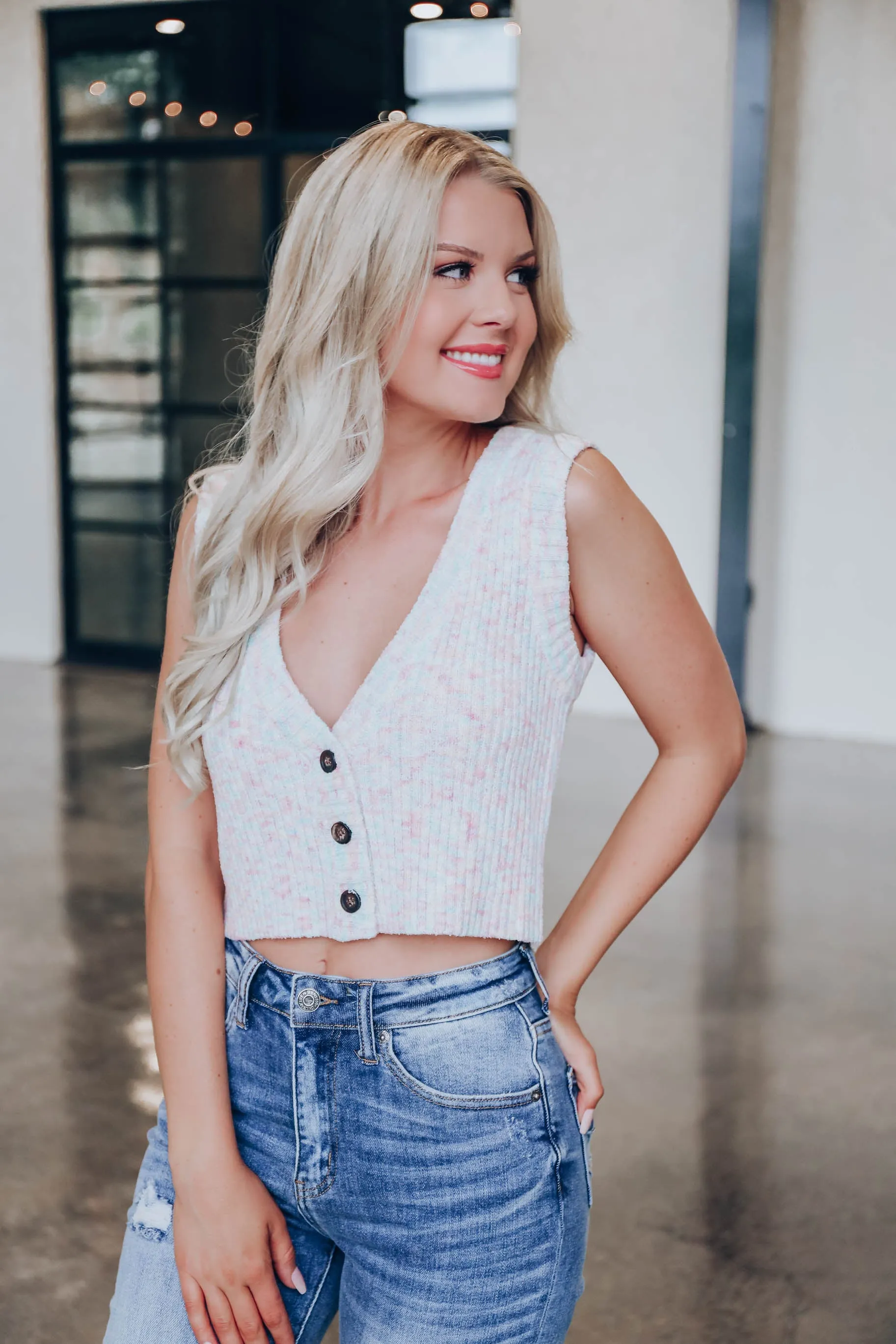 Button Up Crop Sweater Vest - Cotton Candy