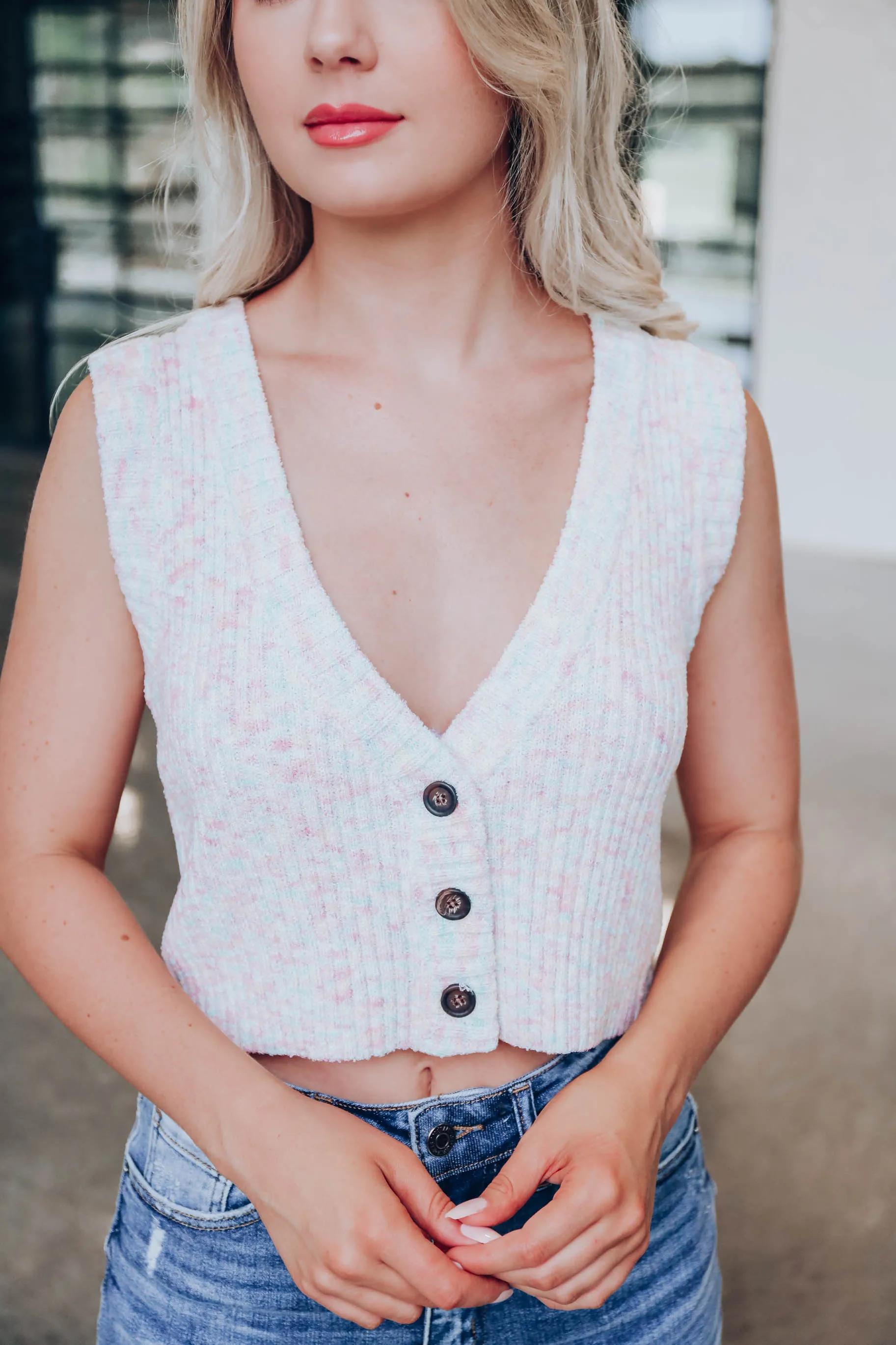 Button Up Crop Sweater Vest - Cotton Candy