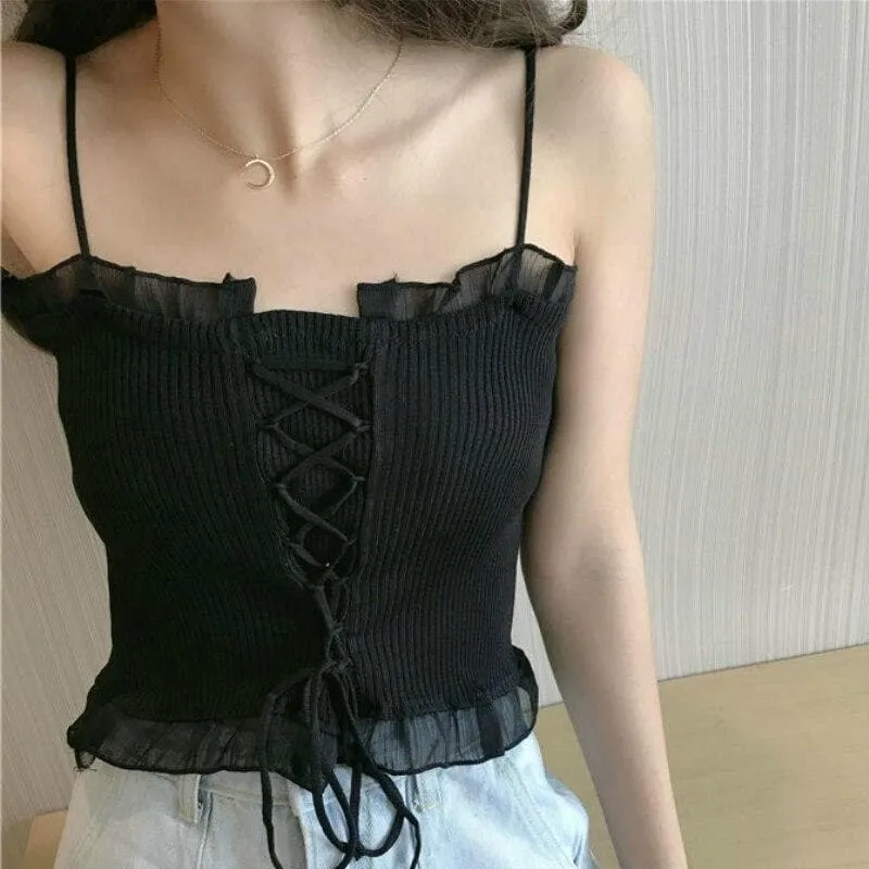 Camisole with Lacing Accents and Hem Ruffles