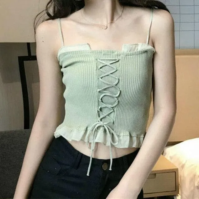 Camisole with Lacing Accents and Hem Ruffles