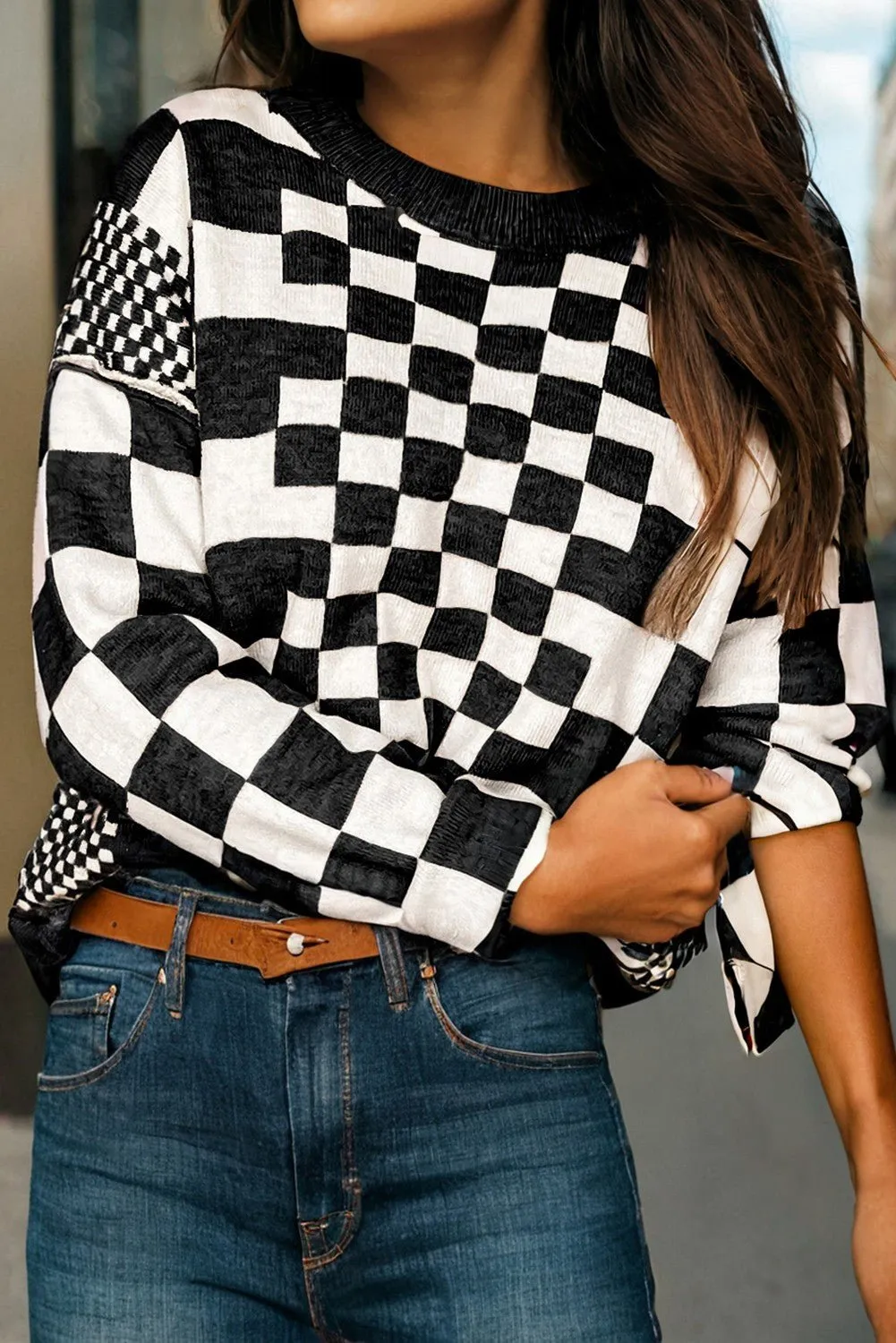 Checkered Print Drop Shoulder Round Neck Sweater - 2 Colors Available