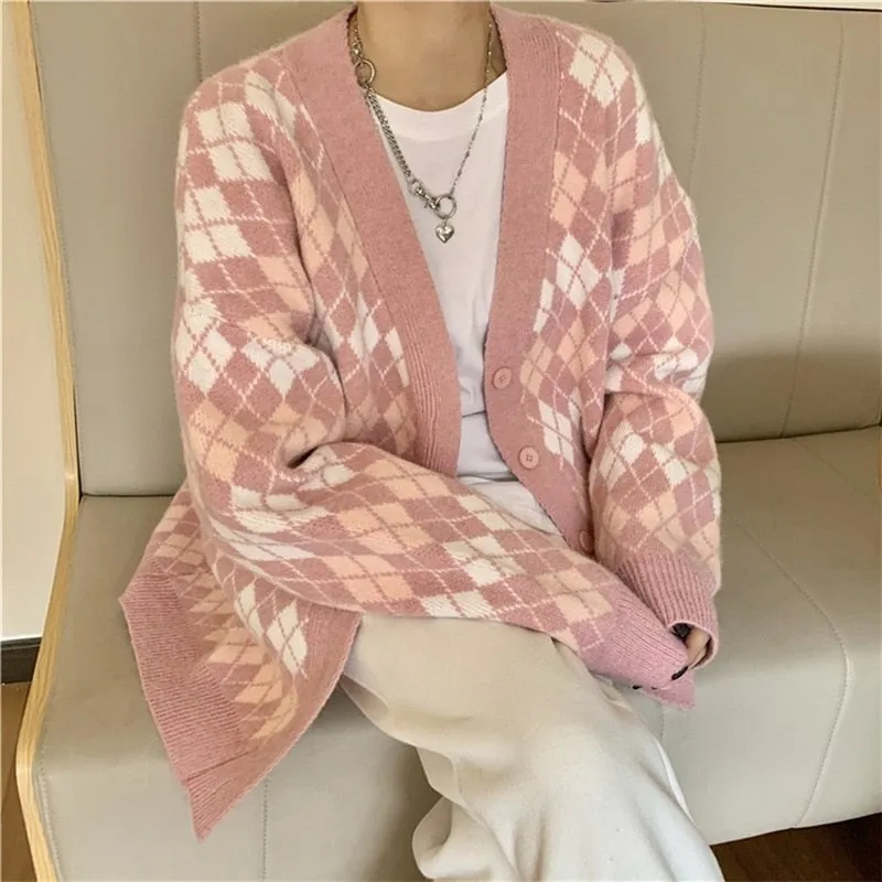 Chicmy Ladies Cardigans Long Sleeve Knitted Argyle Sweater Women Korean Pink Vest Sweaters Female Jumpers Cardigan Jacket With Buttons