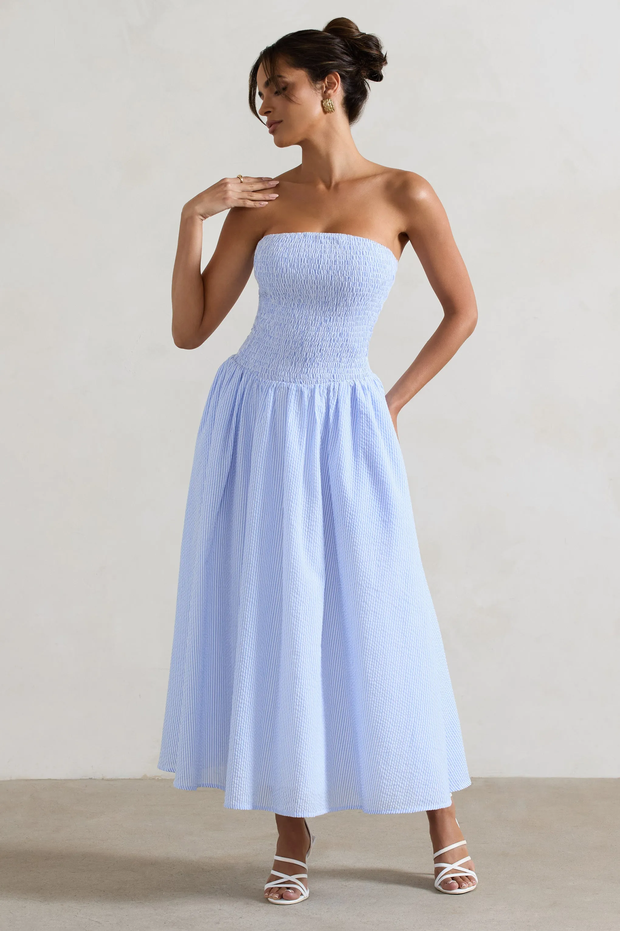 Coastal | Blue Pinstripe Bandeau Ruched Skater Midi Dress