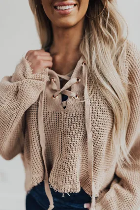 Coffee Casual Lace Up Crop Sweater