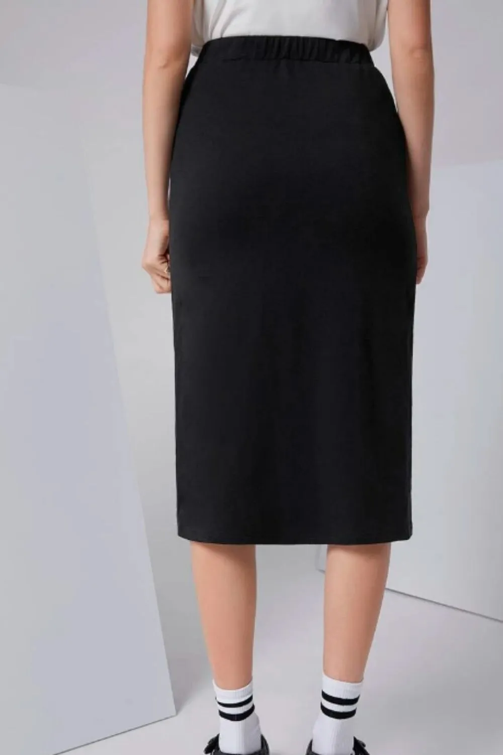 Contrast Side Seam Midi Skirt Black