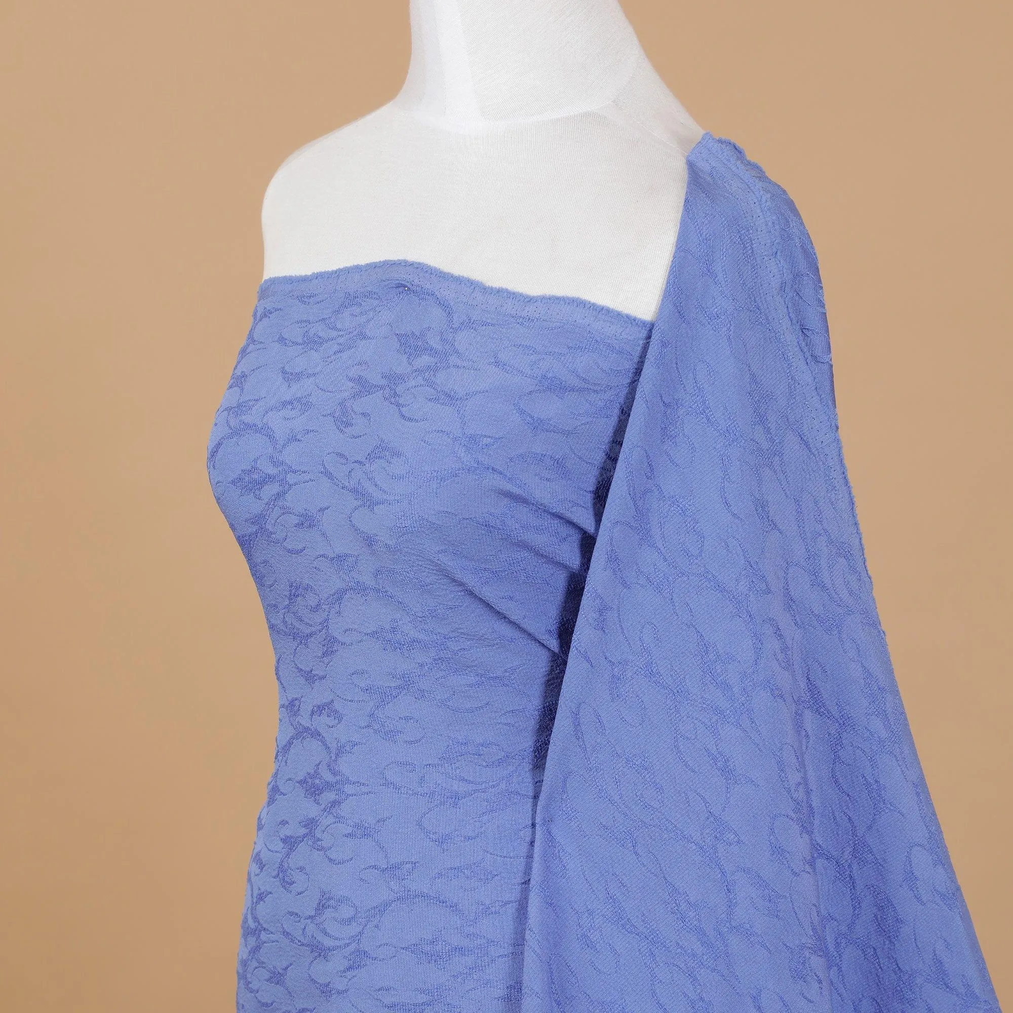 Cornflower blue synthetic brocade fabric with same tone weave in self design-D9259