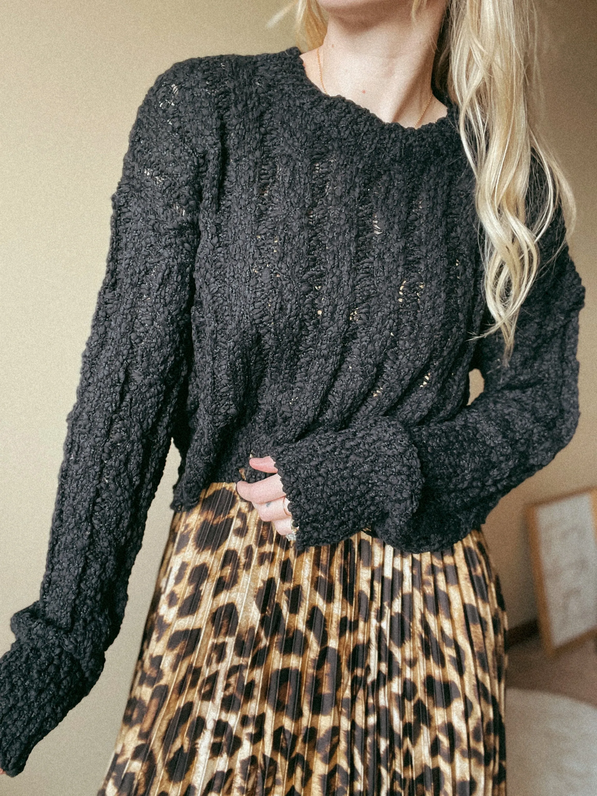 Crochet Raw Edge Long Sleeve Crop Sweater